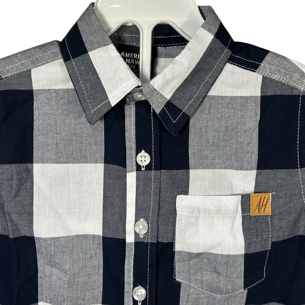 American Hawk Boys 3T Short Sleeve Button Down Shirt Blue White Plaid‎ Casual